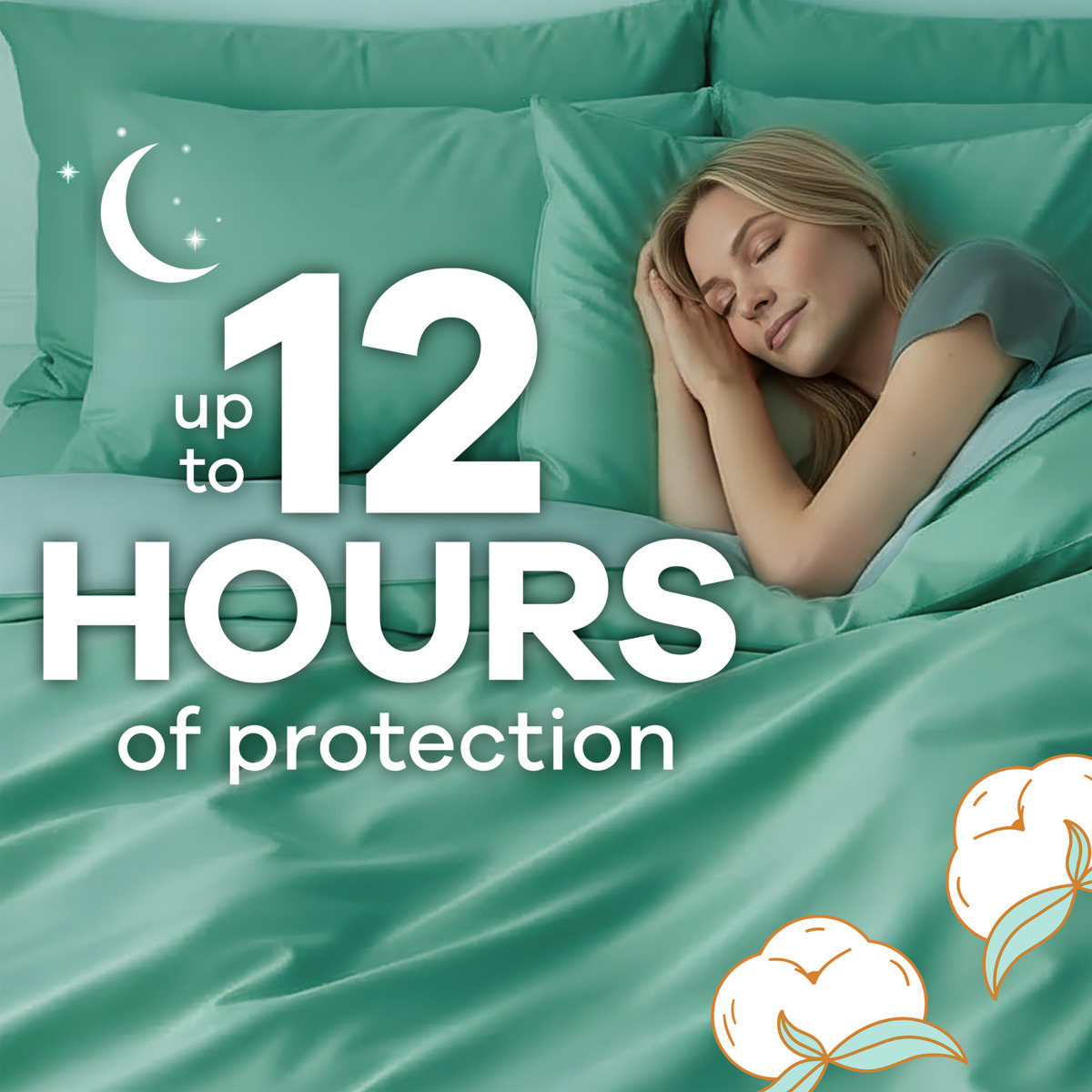 Photograph of a person sleeping on teal-colored bedding with overlaid text promoting "up to 12 hours of protection" accompanied by a crescent moon and cotton plant illustrations.