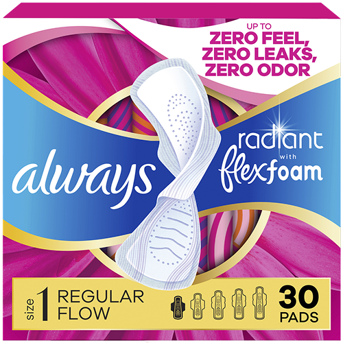 Always Radiant Flexfoam pads, size 1, pack of 30, designed for leak-free protection with a clean scent
