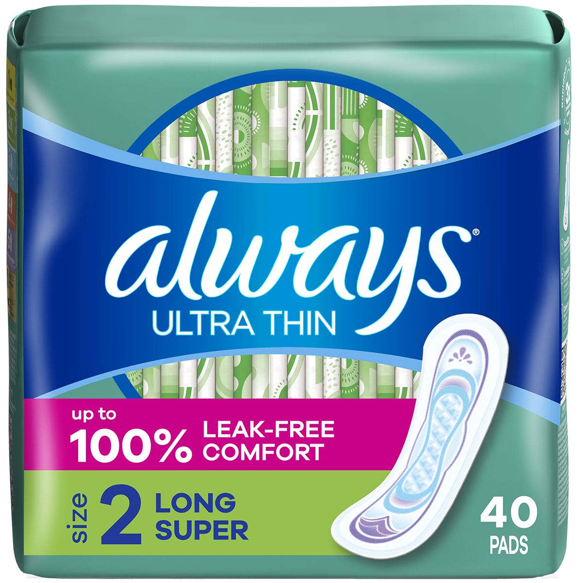 Packaging of Always Ultra Thin sanitary pads, featuring 40 pads with leak-free comfort and 50% recycled materials