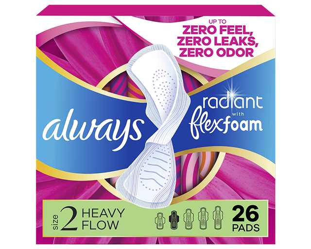 Always Radiant pads packaging for heavy flow, featuring floral design and Zero Feel technology, providing leak and odor protection