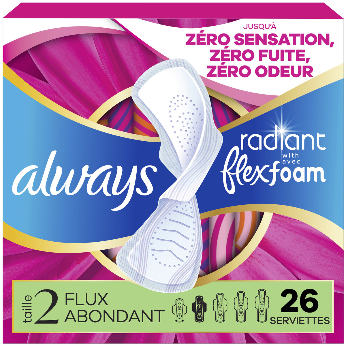 Always Radiant pads packaging for heavy flow, featuring floral design and Zero Feel technology, providing leak and odor protection