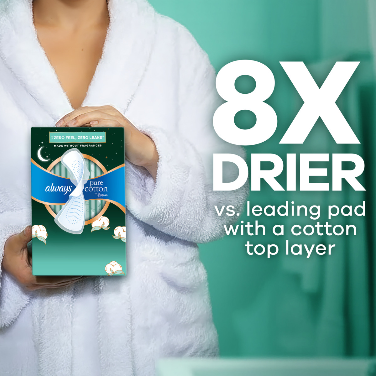 Image showing Flexfoam product designed for comfort and leak protection, shown with a finger pressing on its surface. Text emphasizes "up to ZERO FEEL, ZERO LEAKS" against a teal background, illustrating product softness and reliability.