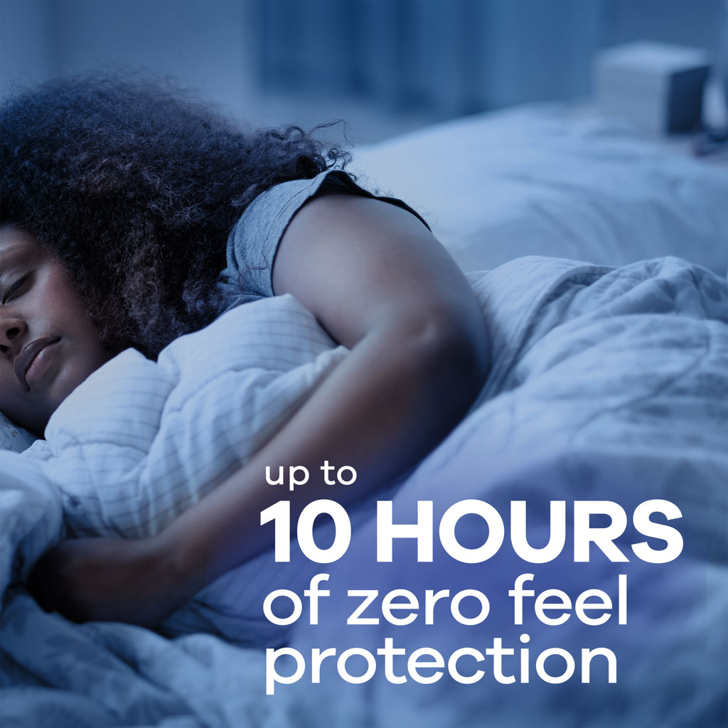 Woman sleeping comfortably in a bed with text promoting up to 10 hours of zero‑feel protection.