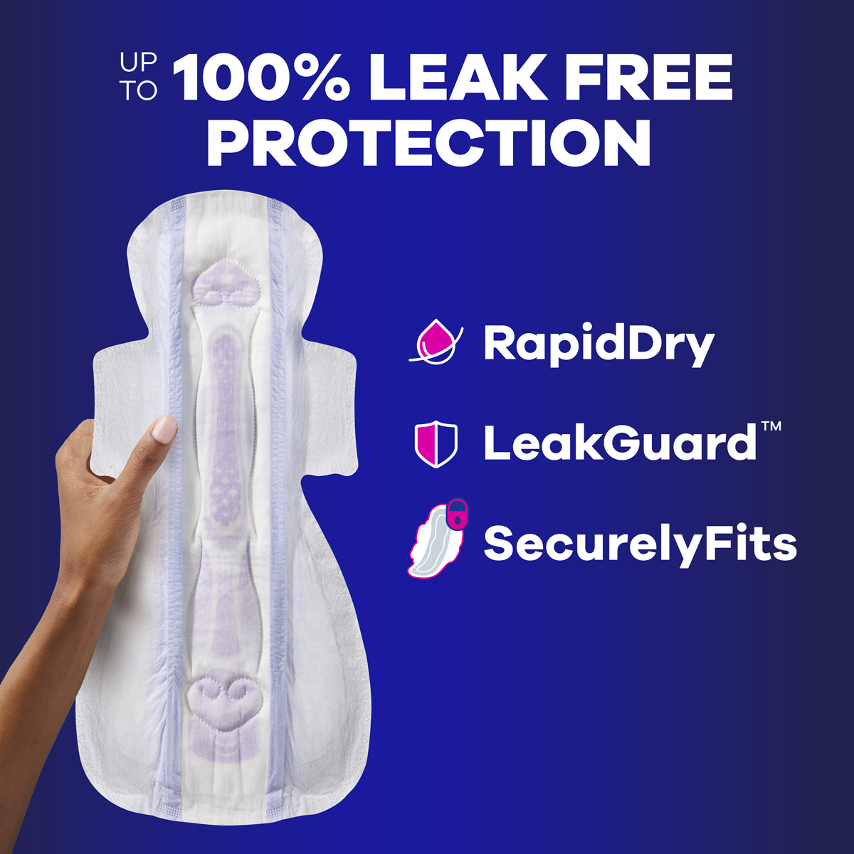 Always Maxi pads provide up to 100% leak free protection and includes RapidDry, LeakGuard, and SecurelyFits. Features hand holding Maxi size 6 pad.