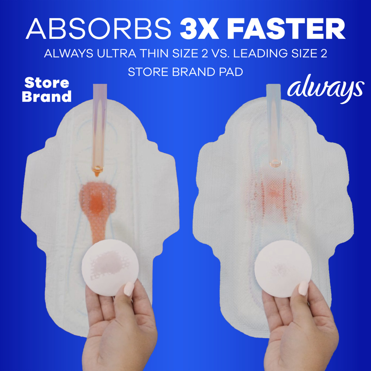 Always Ultra Thin absorbs 3X Faster vs. Leading Store Brand pad. Features an Always Ultra Thin pad and a store brand pad.