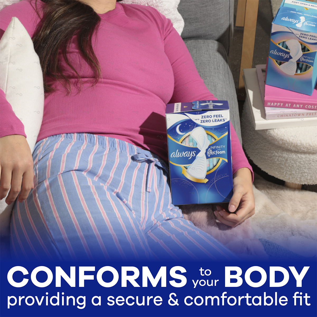 Always Infinity FlexFoam Pads conform to your body providing a secure and comfortable fit. Features woman sleeping.