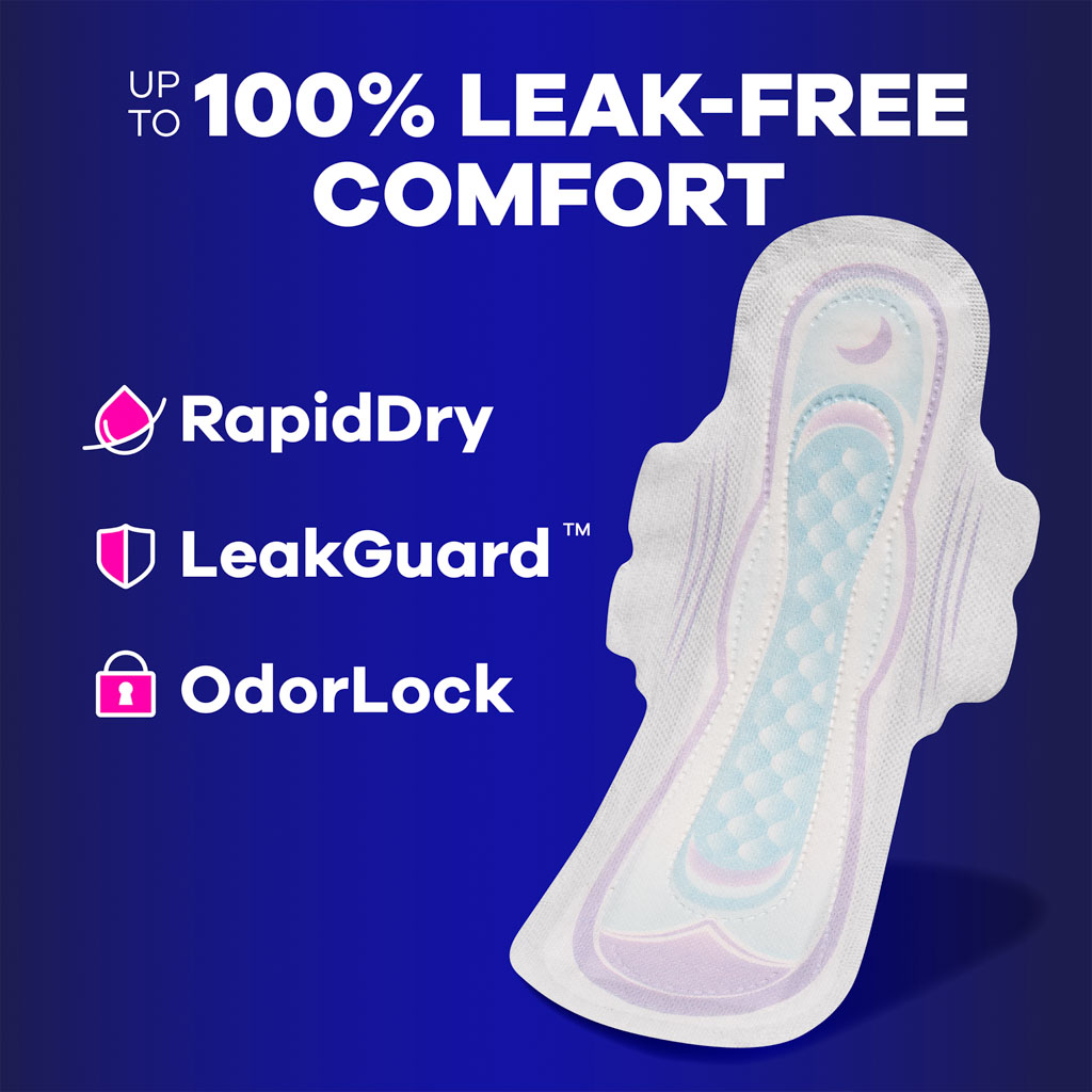 Always Utra Thin Pads provide up to 100% Leak Free Comfort, as it includes new and improved RapidDry, LeakGuard, and OdorLock. Features Always Ultra Thin Extra Heavy Overnight Pad.