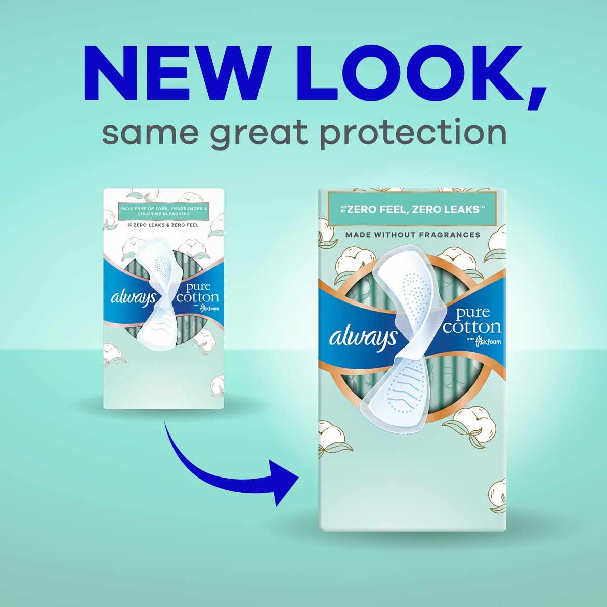 Image showing packaging redesign for Always Pure Cotton pads, highlighting "new look, same great protection." Packaging features light teal background, emphasizing "zero feel, zero leaks" and fragrance-free attributes.