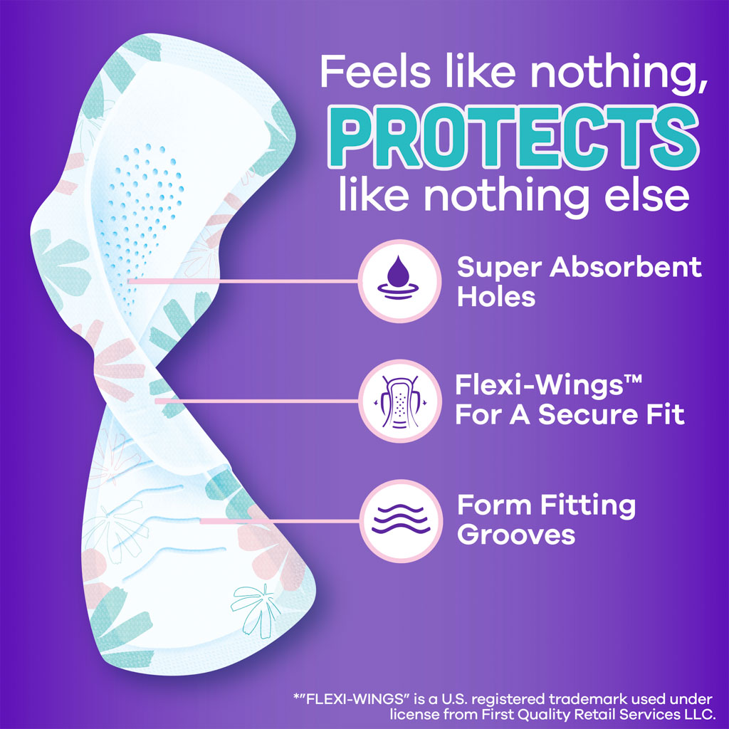 Menstrual pad showing super absorbent holes, flexi‑wings, and form‑fitting grooves