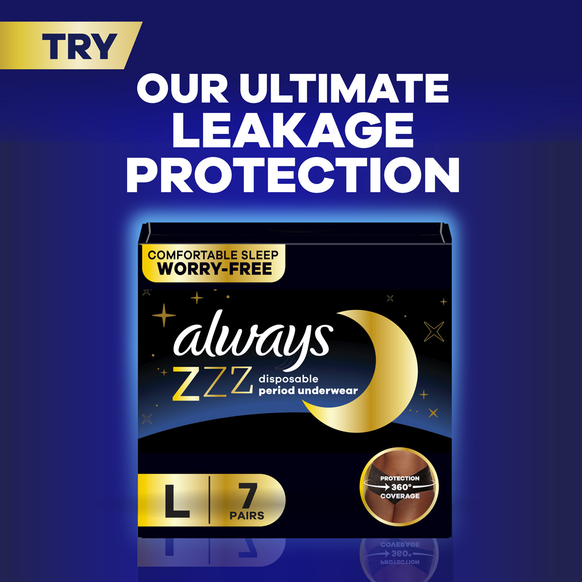 Try our ultimate leakage protection. Features Always ZZZ Disposable Period Underwear pack.