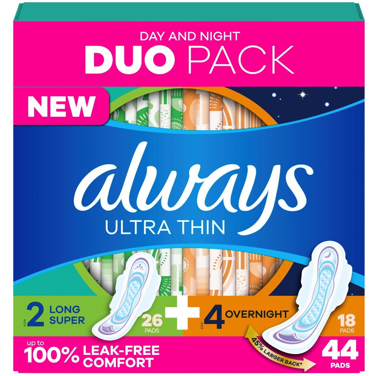 Always Ultra Thin Overnight Super Long Pads with Wings Duo Pack, 44ct
