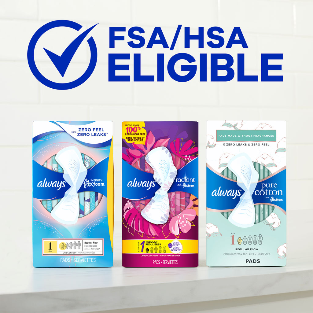 Three Always menstrual pad boxes labeled Infinity FlexFoam, Radiant FlexFoam, and Pure Cotton shown beneath FSA/HSA eligible badge