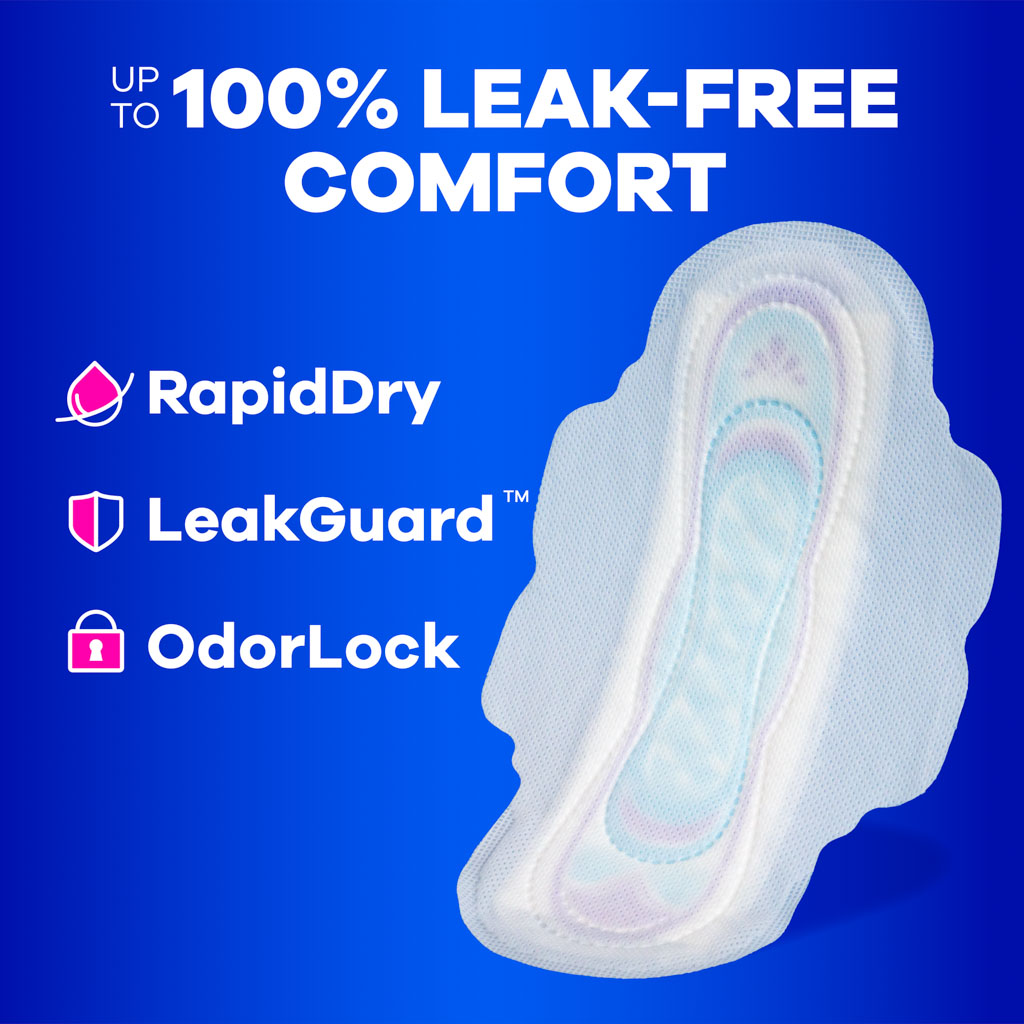 Always Utra Thin Pads provide up to 100% Leak Free Comfort, as it includes new and improved RapidDry, LeakGuard, and OdorLock. Features Always Ultra Thin Pad.