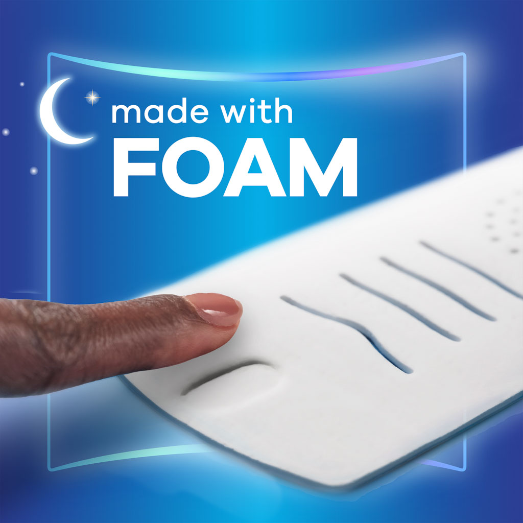 Close-up of a finger pressing a foam-based product with text highlighting ‘made with foam’ on a blue background.