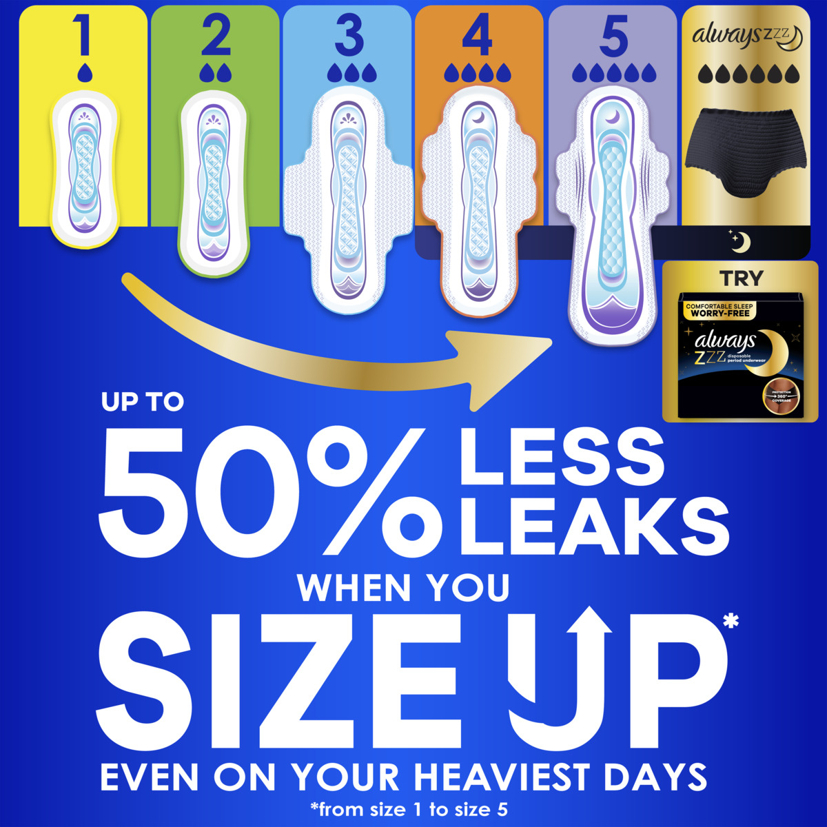 We've got your flow covered Day and Night. Features different pad sizes and coverages, as well as disposable period underwear
