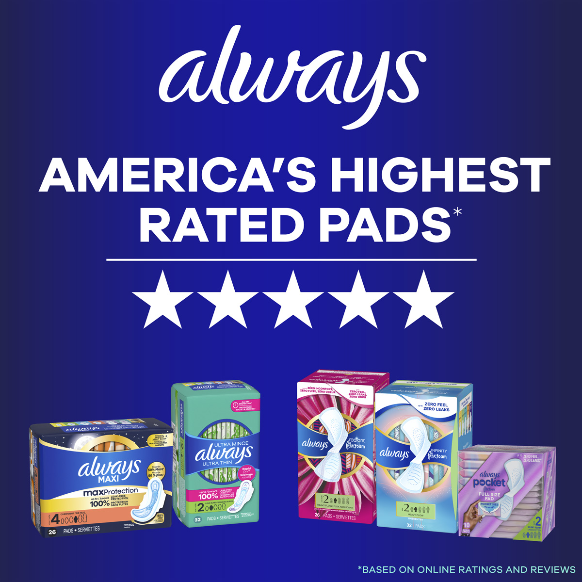 America’s Highest Rated Pads. Features Always Maxi size 4, Always Ultra Thin size 2, and Always Flexfoam size 2 packshots.