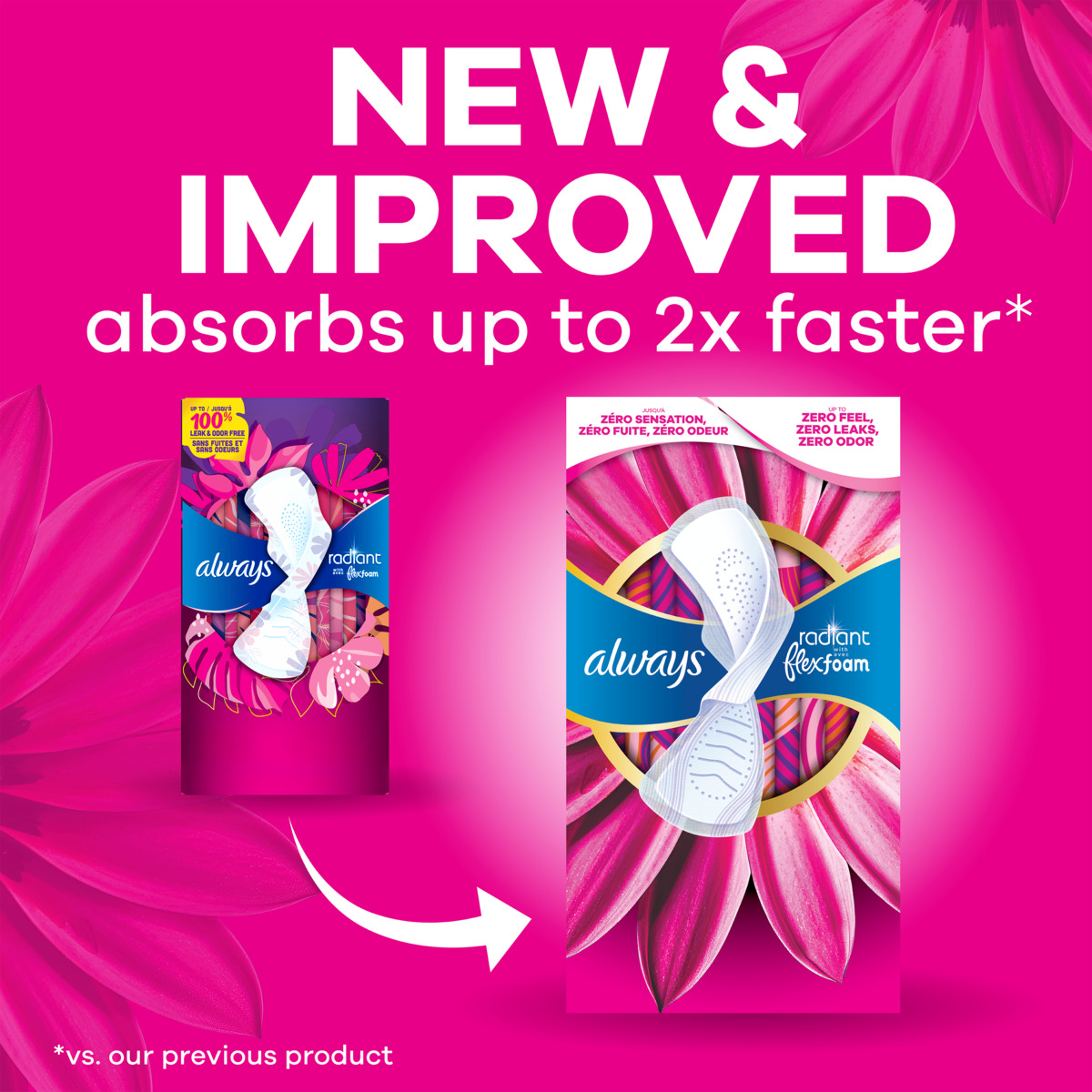 Always Radiant with FlexFoam Pads are now new and improved, absorbing up to 2X faster* (*vs. Always Pocket). Features new Always Radiant with FlexFoam package design.