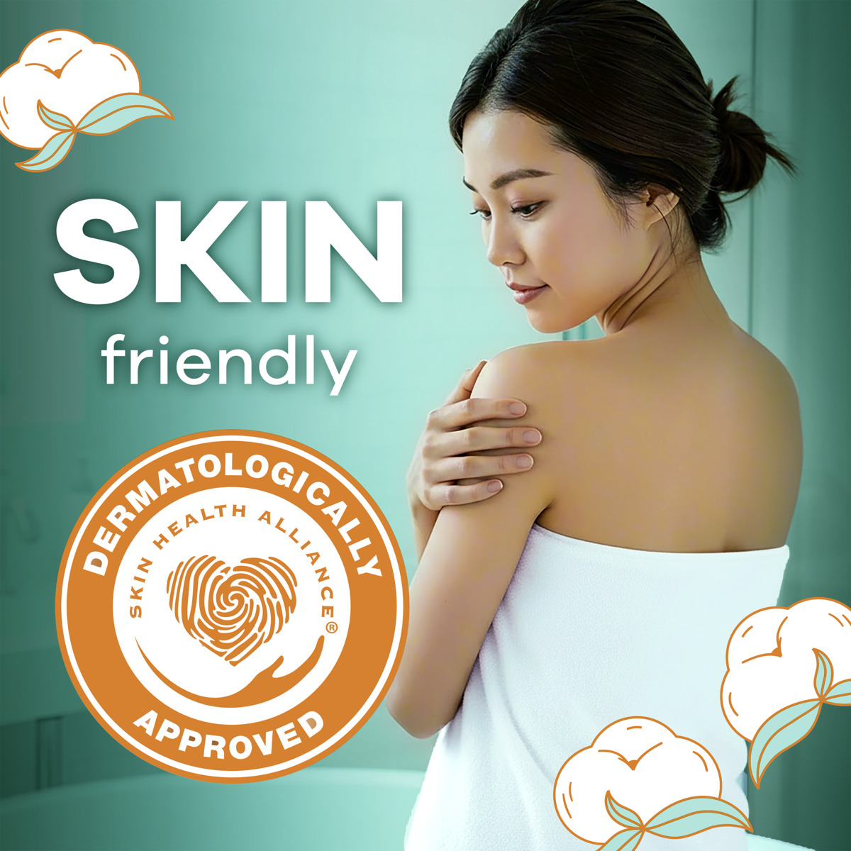 Photograph of a woman wrapped in a white towel with back facing camera- Includes a teal background, large white text reading "SKIN friendly," and an orange circular "Dermatologically Approved" seal from Skin Health Alliance.