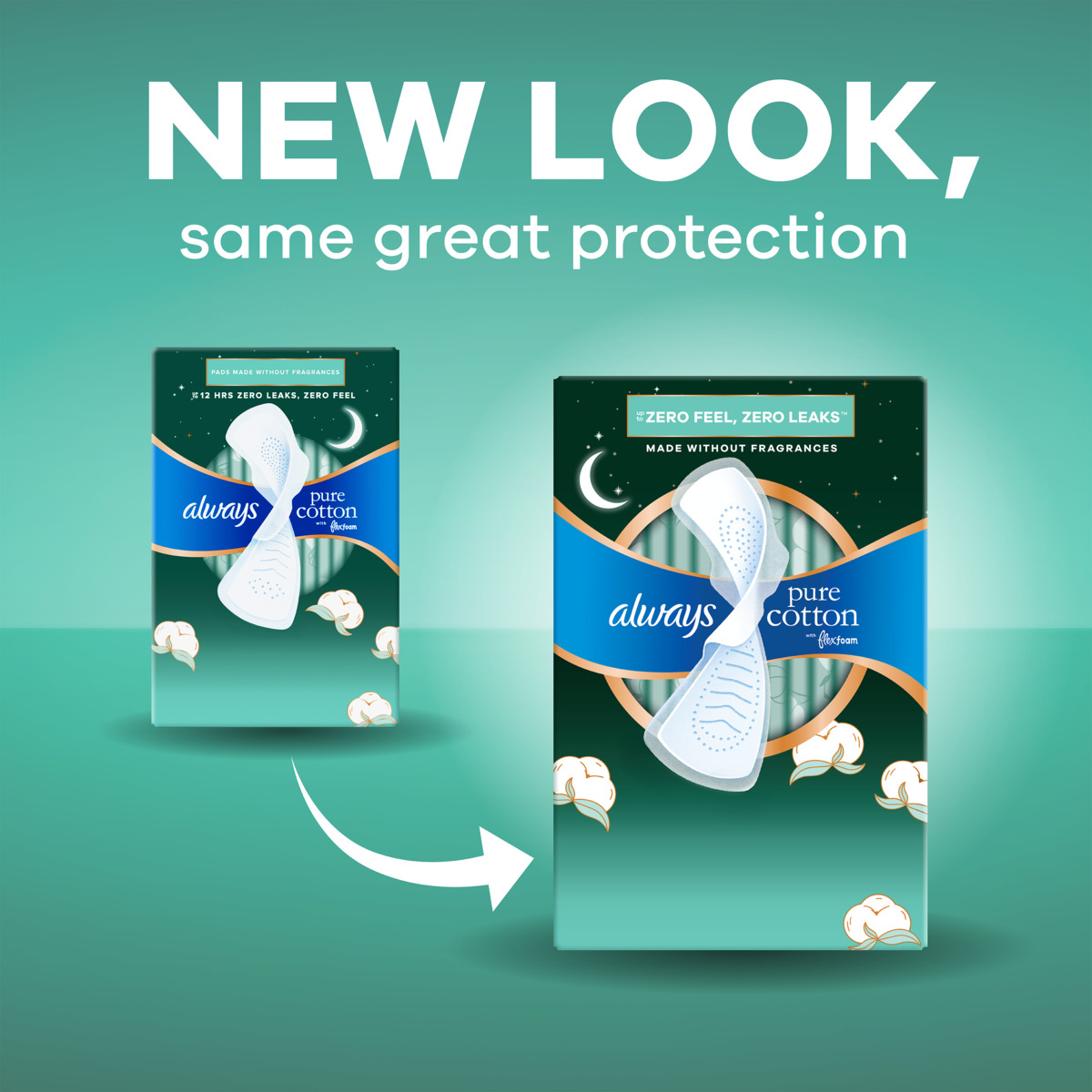 Image showcasing new packaging design for Always Pure Cotton pads, emphasizing "new look, same great protection." The design features text "zero feel, zero leaks" and fragrance-free benefits.