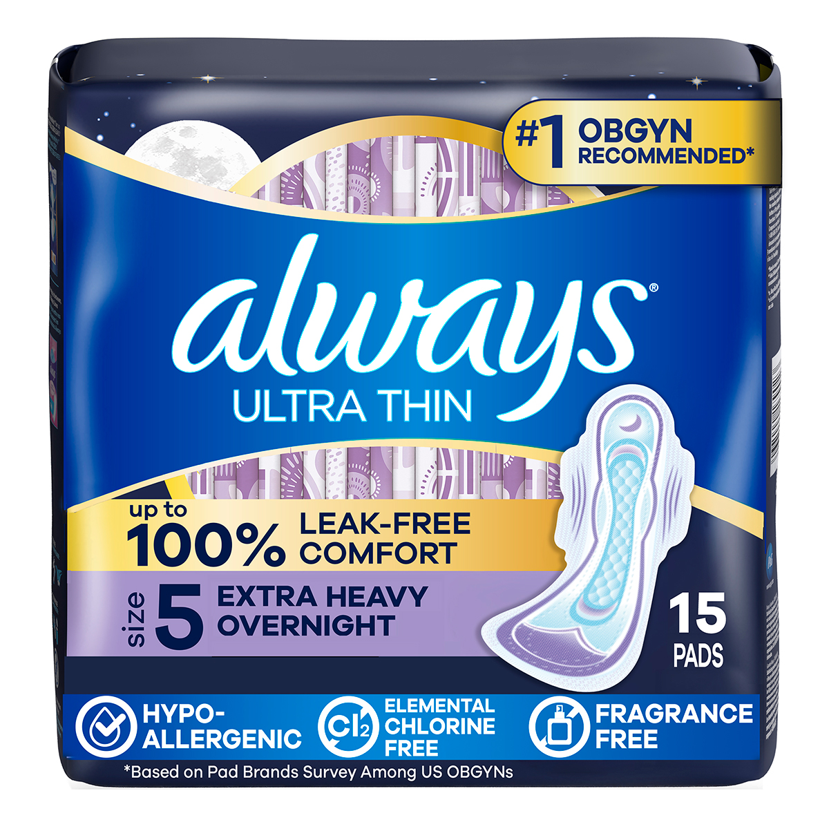 Always Ultra Thin pads packaging featuring leak-free comfort, Flexi-Wings, and 75% larger back for overnight protection