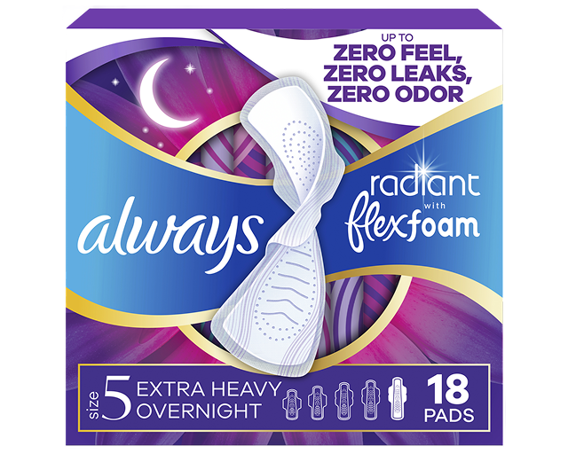 Pack of Always Radiant pads, size 5, featuring 18 ultra-thin pads designed for leak and odor protection