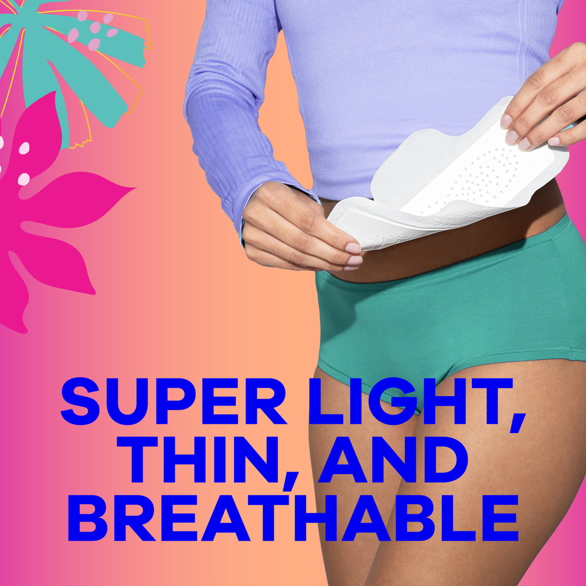 Photograph of a person holding a white, thin, and breathable sanitary pad against a colorful gradient background with tropical leaf graphics. Bold blue text at bottom highlights product features: "SUPER LIGHT, THIN, AND BREATHABLE."