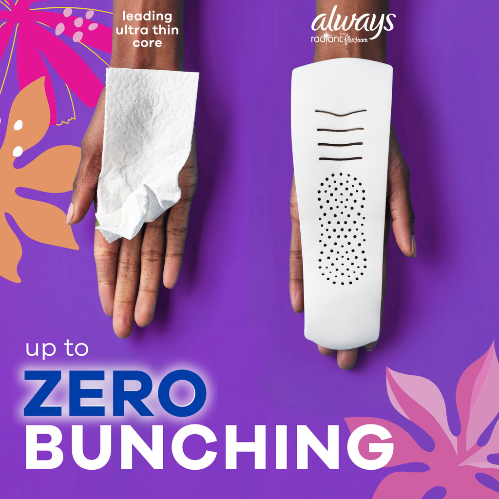 Side-by-side comparison of a leading ultra‑thin pad bunching versus Always Radiant FlexFoam pad showing up to zero bunching