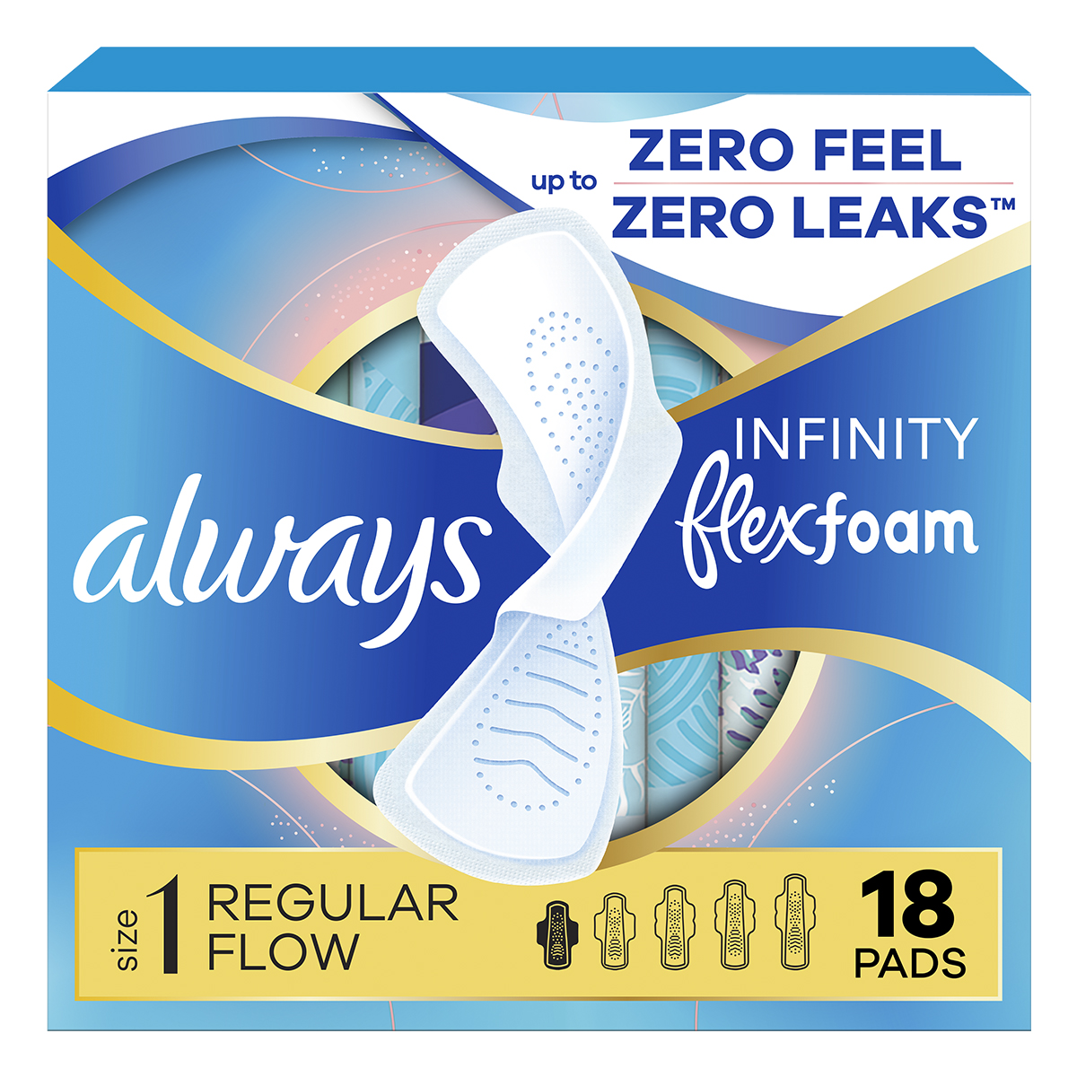 Packaging for Always Infinity FlexFoam pads, emphasizing comfort and leakage protection, unscented, 18-count