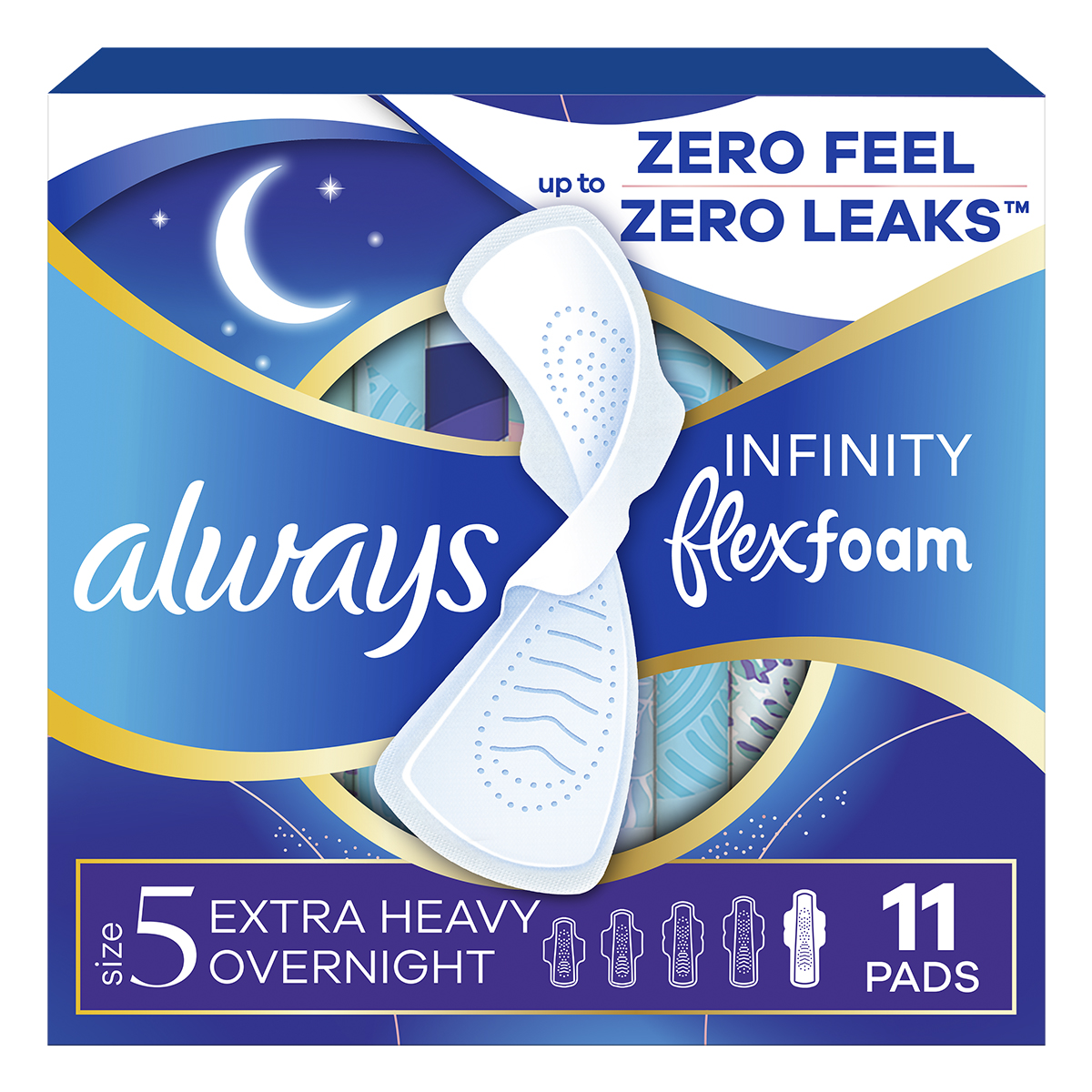 Pack of Always Infinity FlexFoam pads featuring 11 unscented, extra heavy overnight pads designed for zero leaks