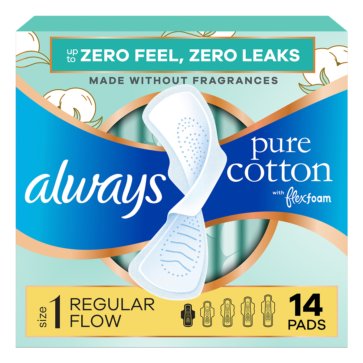Always Pure Cotton menstrual pads, size 1, 14 count, featuring flexi-wings and unscented design for comfort and protection