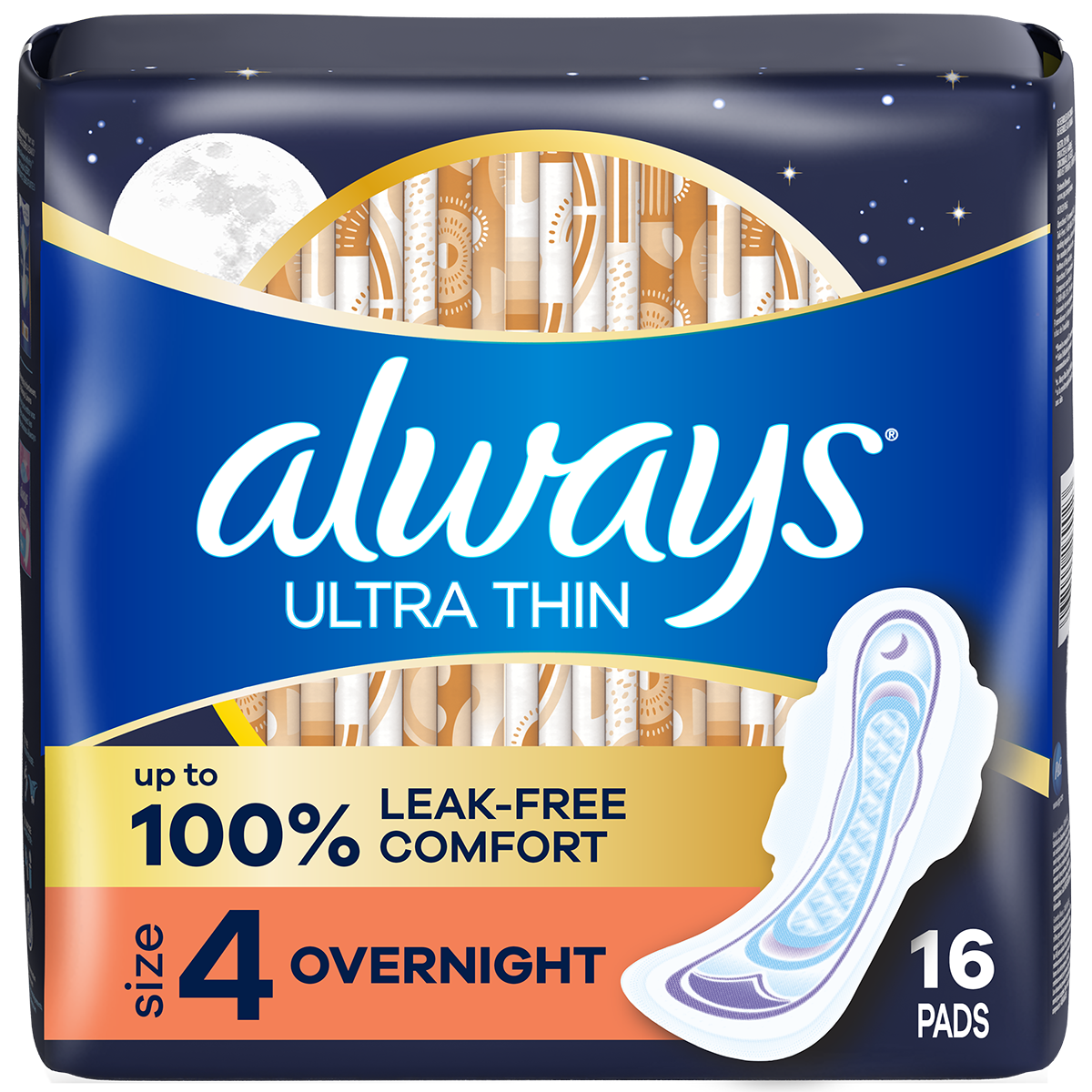 Always Ultra Thin pads packaging, featuring 16 overnight pads designed for leak-free comfort and sustainability