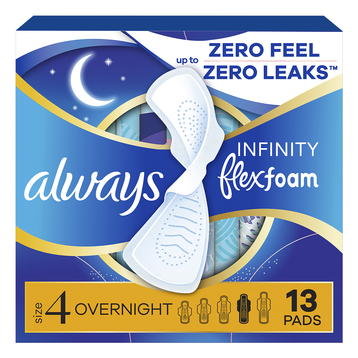 Always Infinity Flexfoam pads package displaying features like zero feel, zero leaks and unscented overnight protection