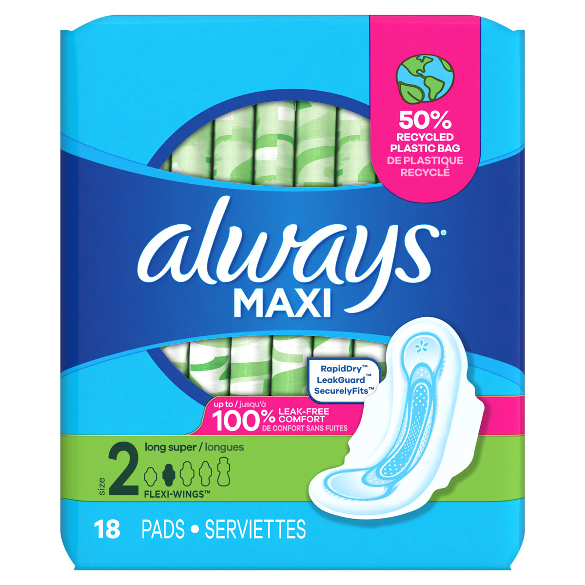 Always Maxi Size 2 Long Super Pads With Wings, Unscented