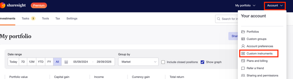 Open the Account menu and select Custom instruments