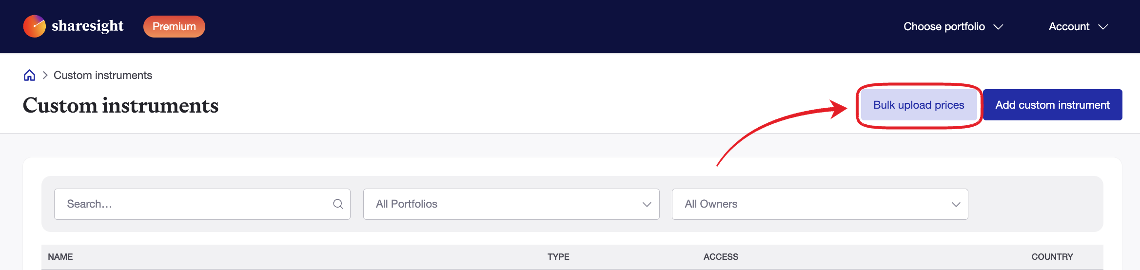 New 'Bulk upload prices' button on the Custom instruments screen