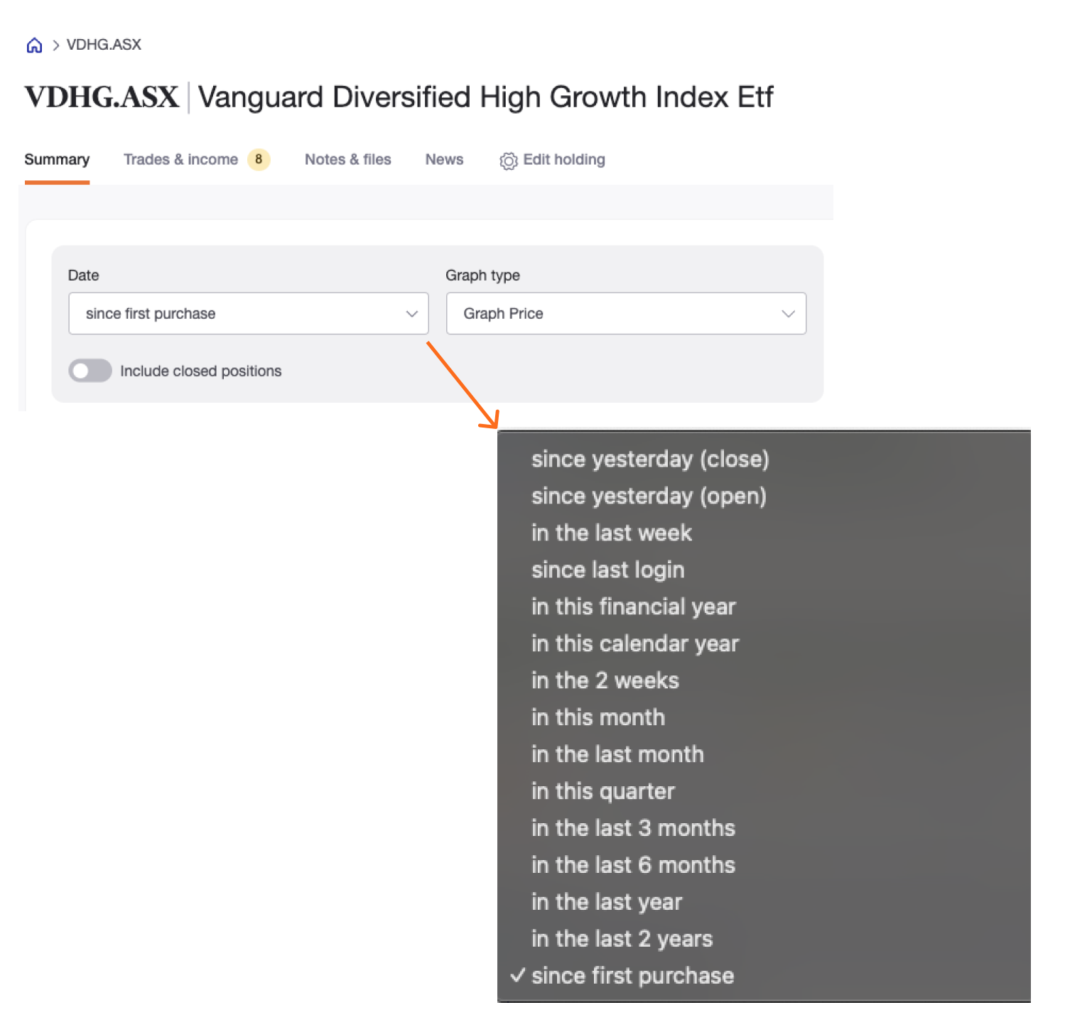 Holding page - date range drop down