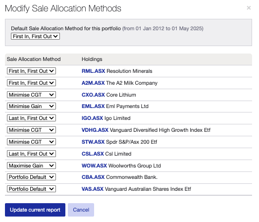 Capital gains tax report sale allocation methods