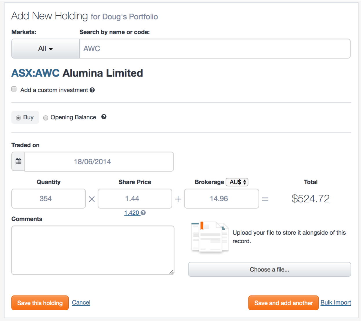 screenshot - add new buy trade - awc
