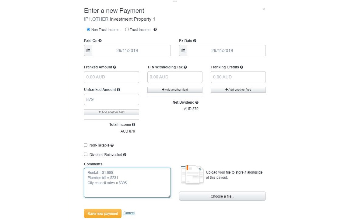 Add investment property income Sharesight
