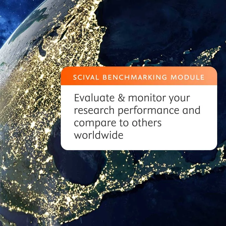 Globe with the title of the SciVal module. Benchmarking Module. 
