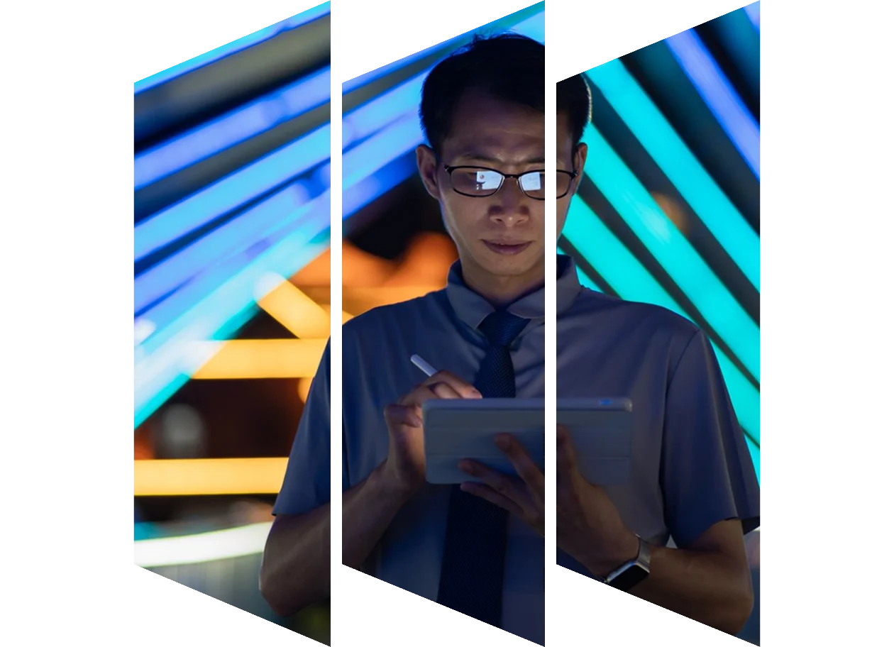 Researcher looking at screen with data superimposed on the image