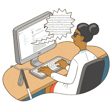 Illustration of a blind scientist seated in front of a computer, using a screen reader to read a journal article.