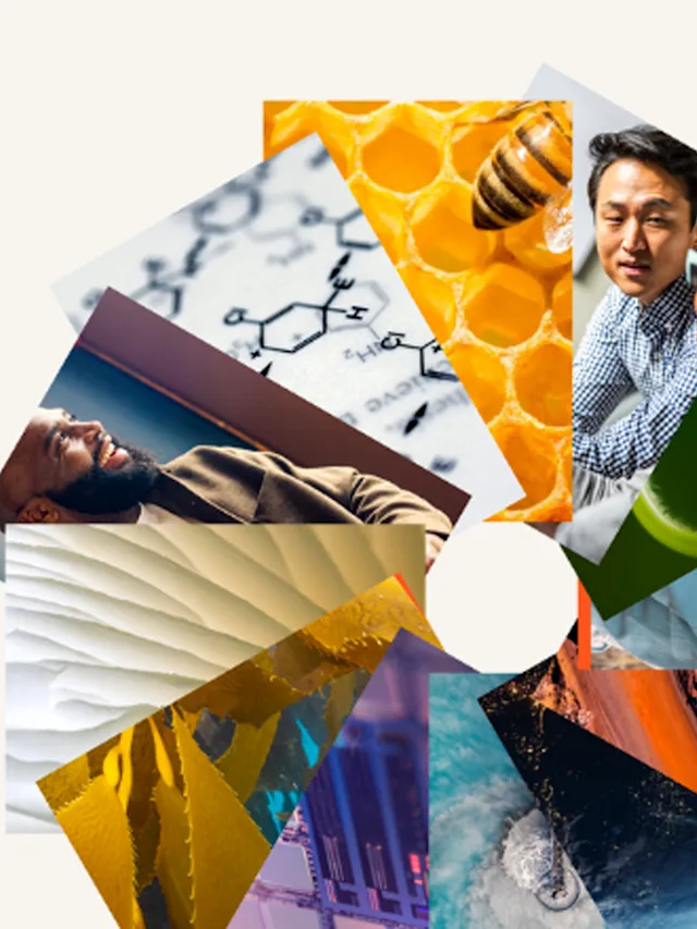 A wheel of imagery featuring chemical structures, colleagues discussing breakthroughs and more.