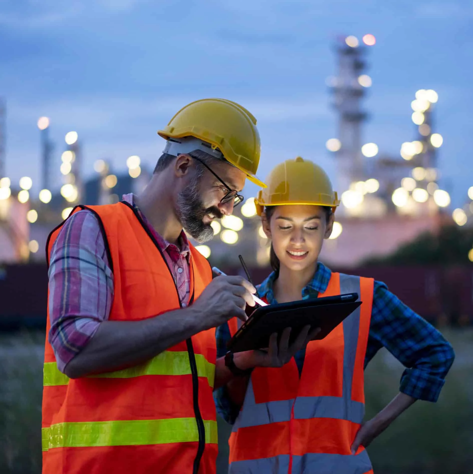 Two engineers in front of an oil refinery reading a tablet.