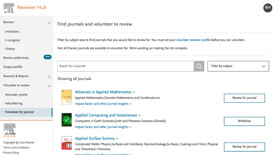 Screenshot of the "volunteer to review" homepage of the Elsevier Reviewer Hub