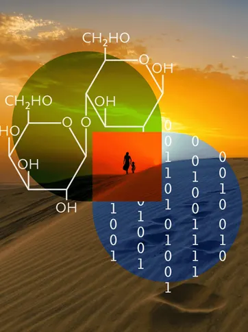 A mother and child in the desert with a venn diagram overlaid on top of them