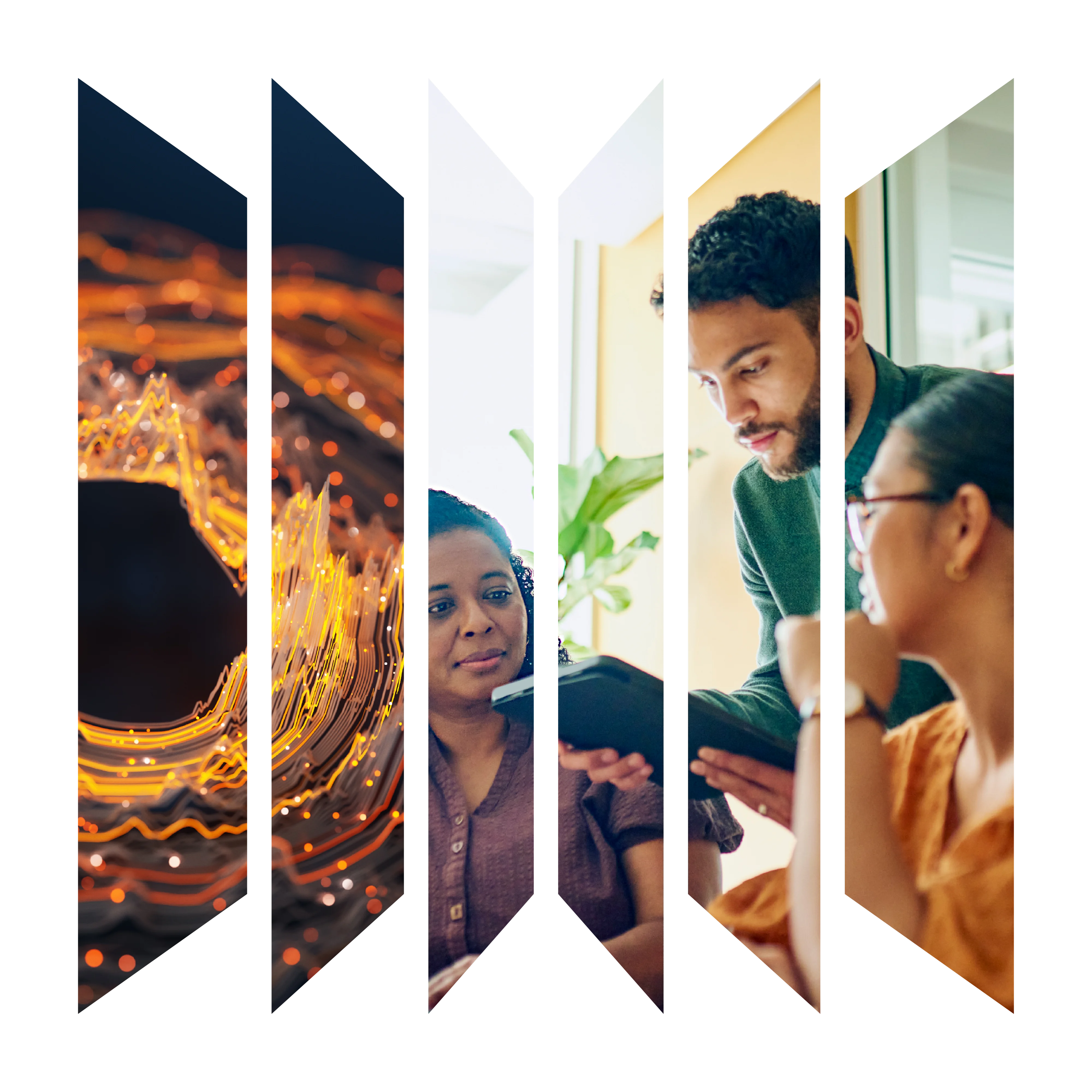 This is an editorial illustration, with dark blue as background. In the middle of the image sits a big magnifying glass, around which are a diverse group of inquisitive researchers.