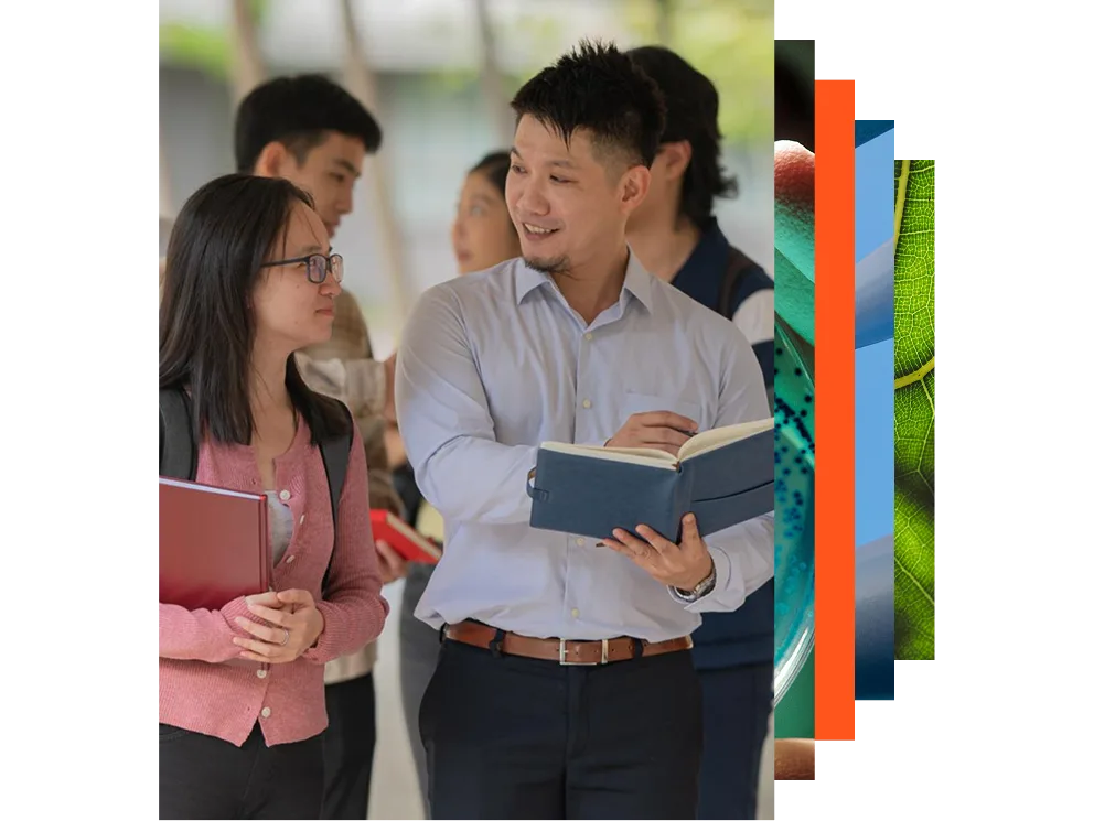 Diverse Group of Colleagues Walking and Talking to a Professor in Hallway