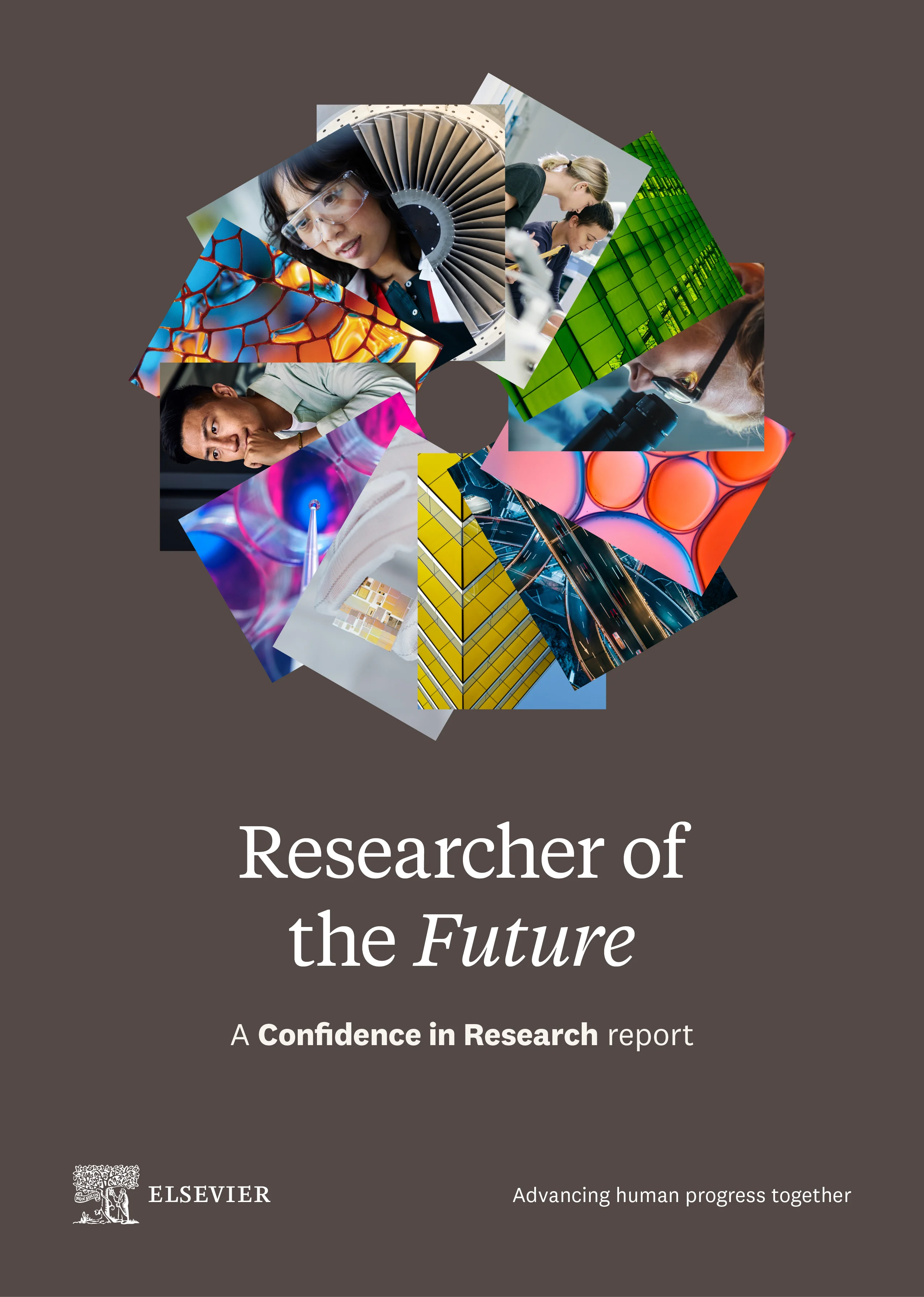 Report cover contains a collection of images positioned in a circle. Images vary from scientific people to abstract images.