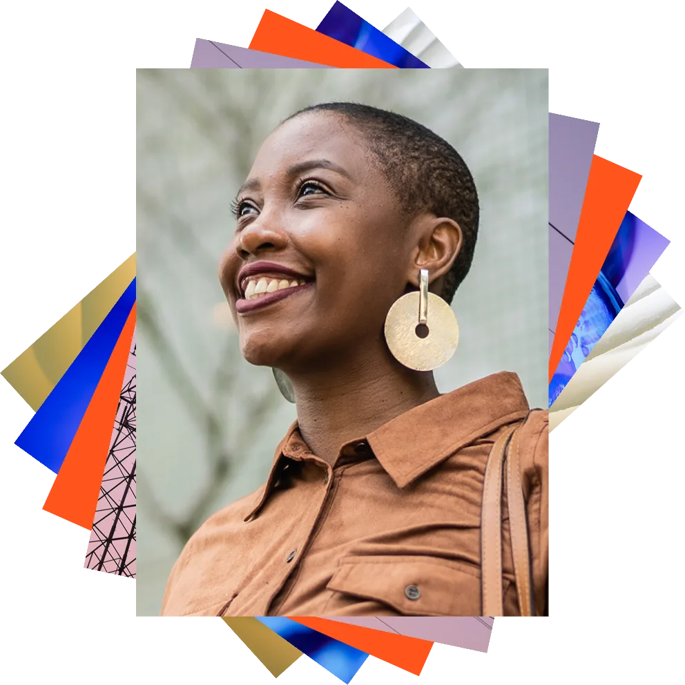 Stack of images on top of each other. The main image is a black woman looking confident and optimistic in the distance